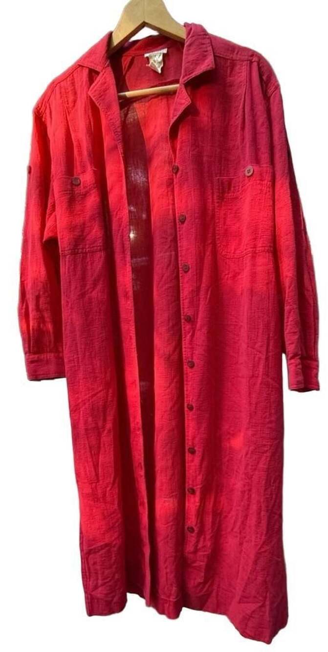 Rodier Cotton Shirt Dress Red Long Sleeve Midi